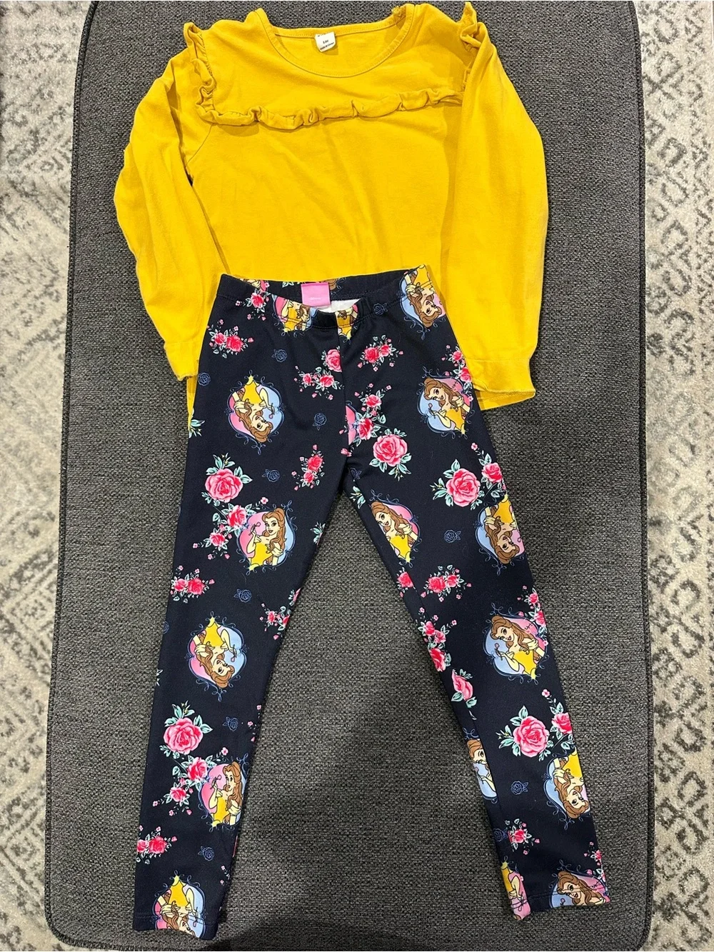 SHEIN Yellow Ruffle Top with Disney Black Floral Bell Leggings Set